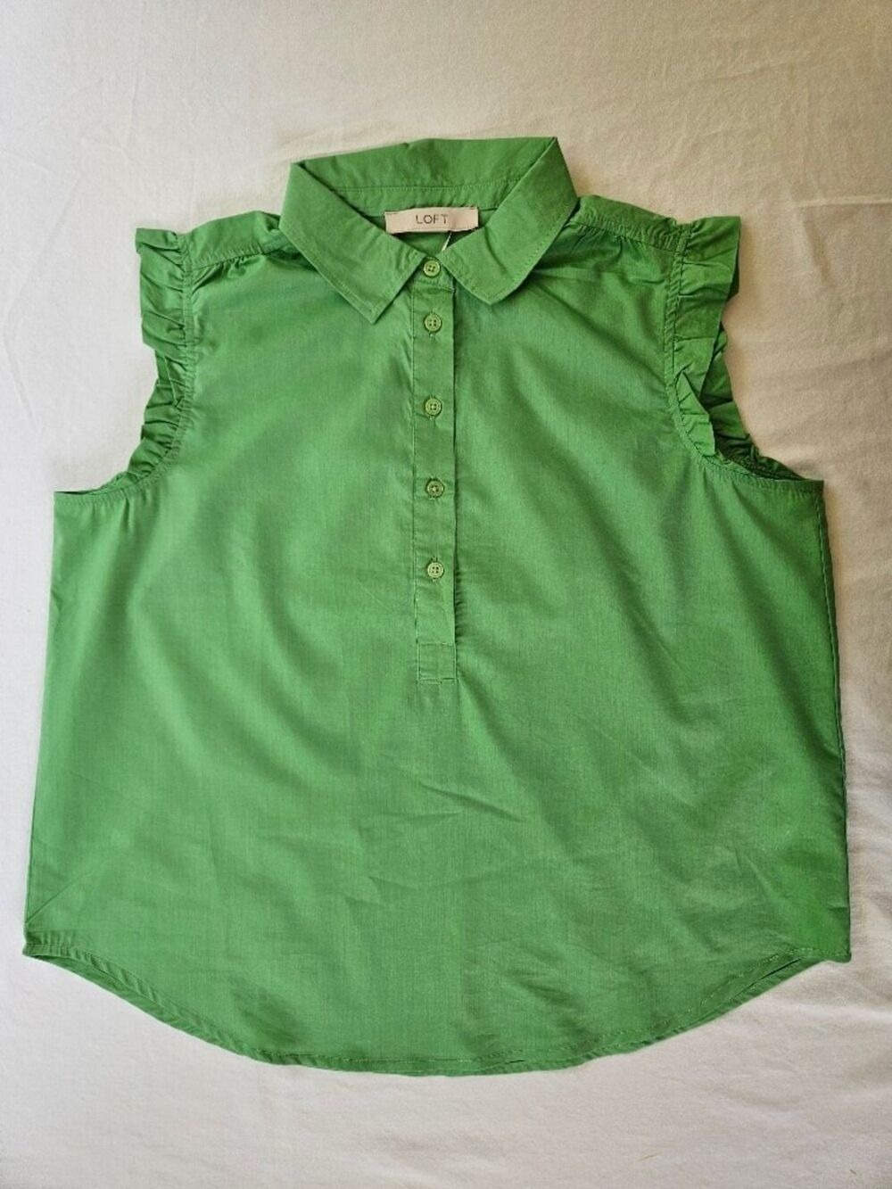 LOFT Feminine Green Ruffle Sleeve Button Front Blouse NWT Size Medium